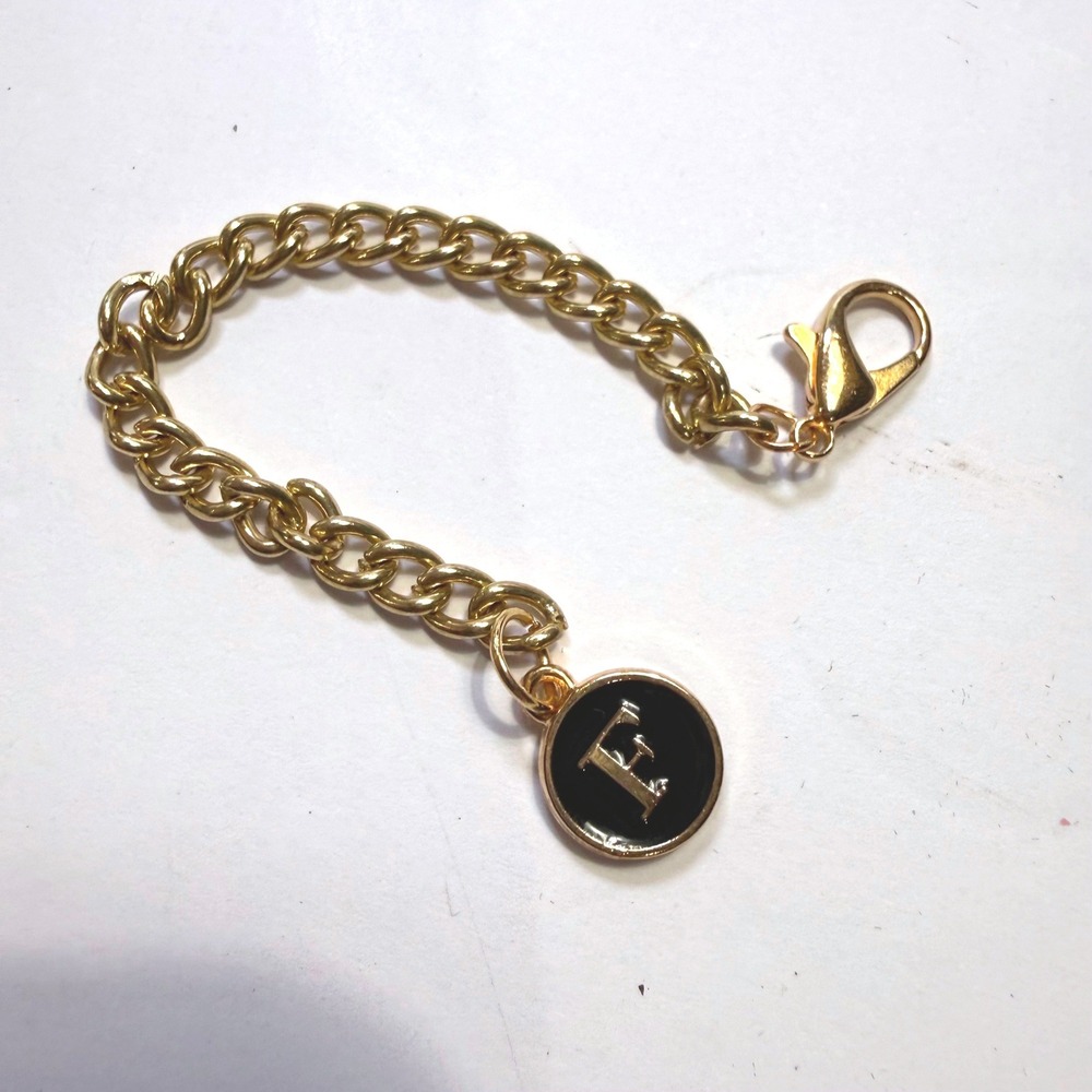 Gold Tone Initial F Black Enamel Charm Curb Chain Bracelet 5.25 Inch